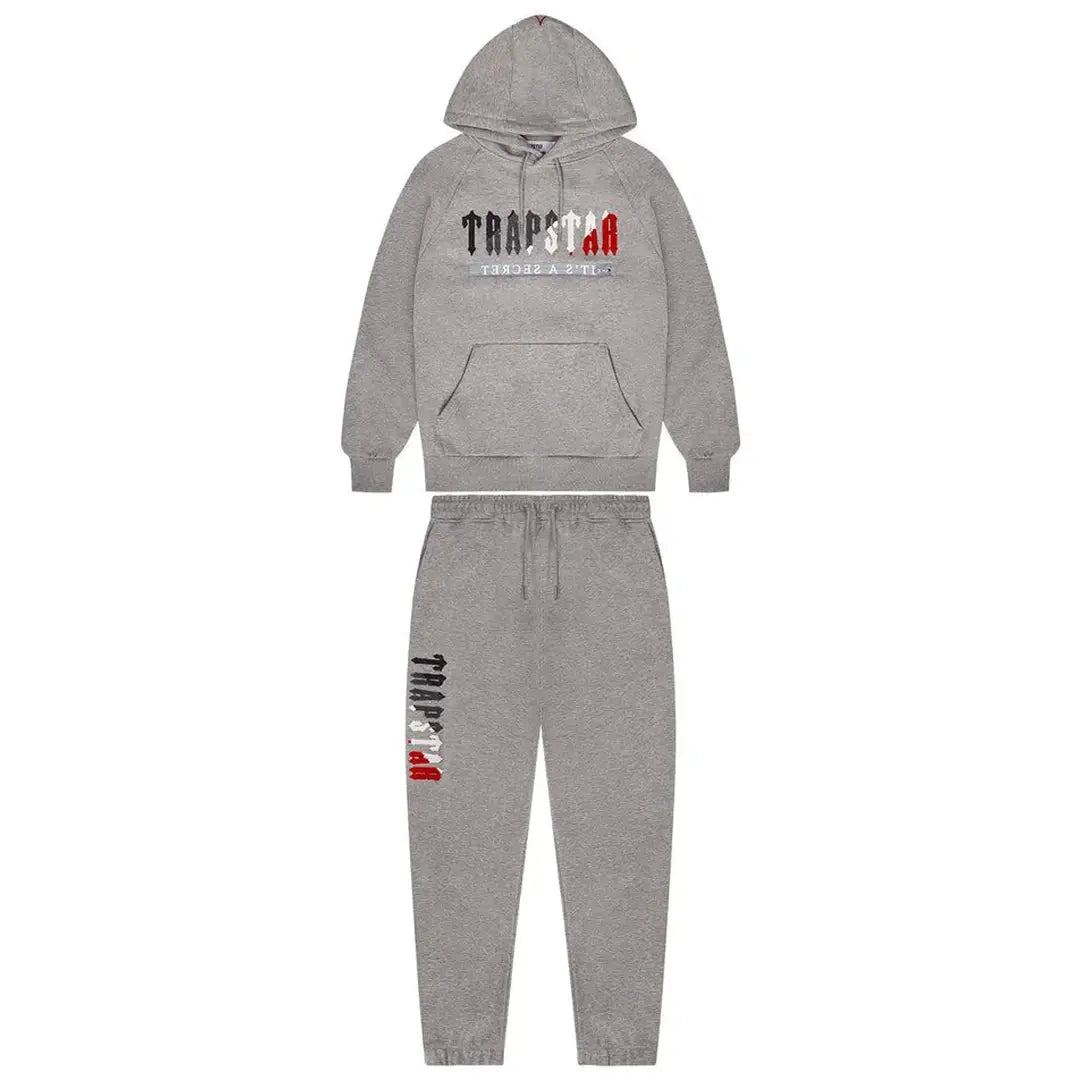 TRAPSTAR CHENILLE DECODED 2.0 HOODED TRACKSUIT - GREY / RED | Plugstationuk