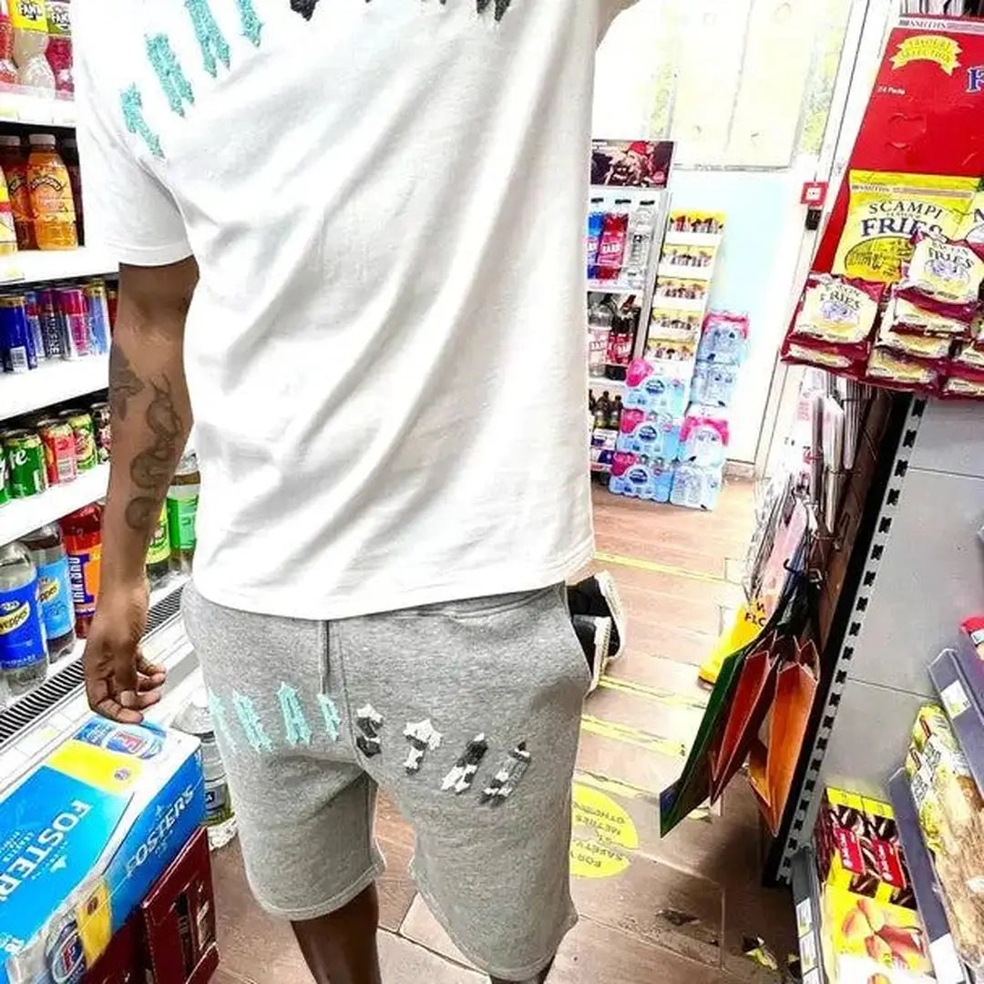 TRAPSTAR IRONGATE ARCH CHENILLE SHORT SET - GREY/SEA BLUE | Plugstationuk