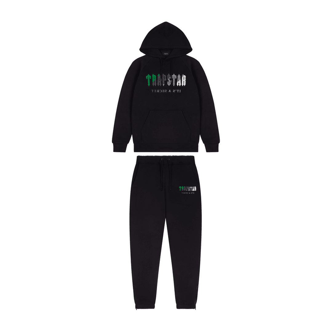 TRAPSTAR CHENILLE DECODED HOODED TRACKSUIT - BLACK/GREEN BEE | Plugstationuk