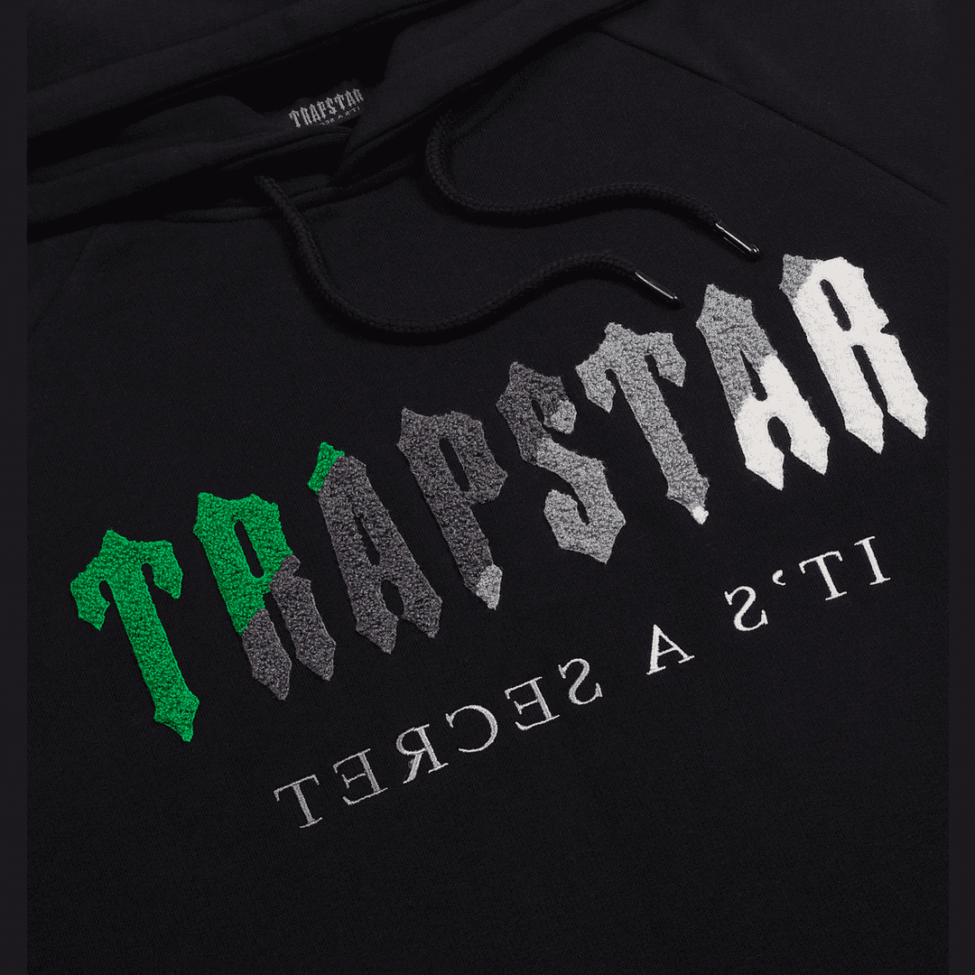 TRAPSTAR CHENILLE DECODED HOODED TRACKSUIT - BLACK/GREEN BEE | Plugstationuk