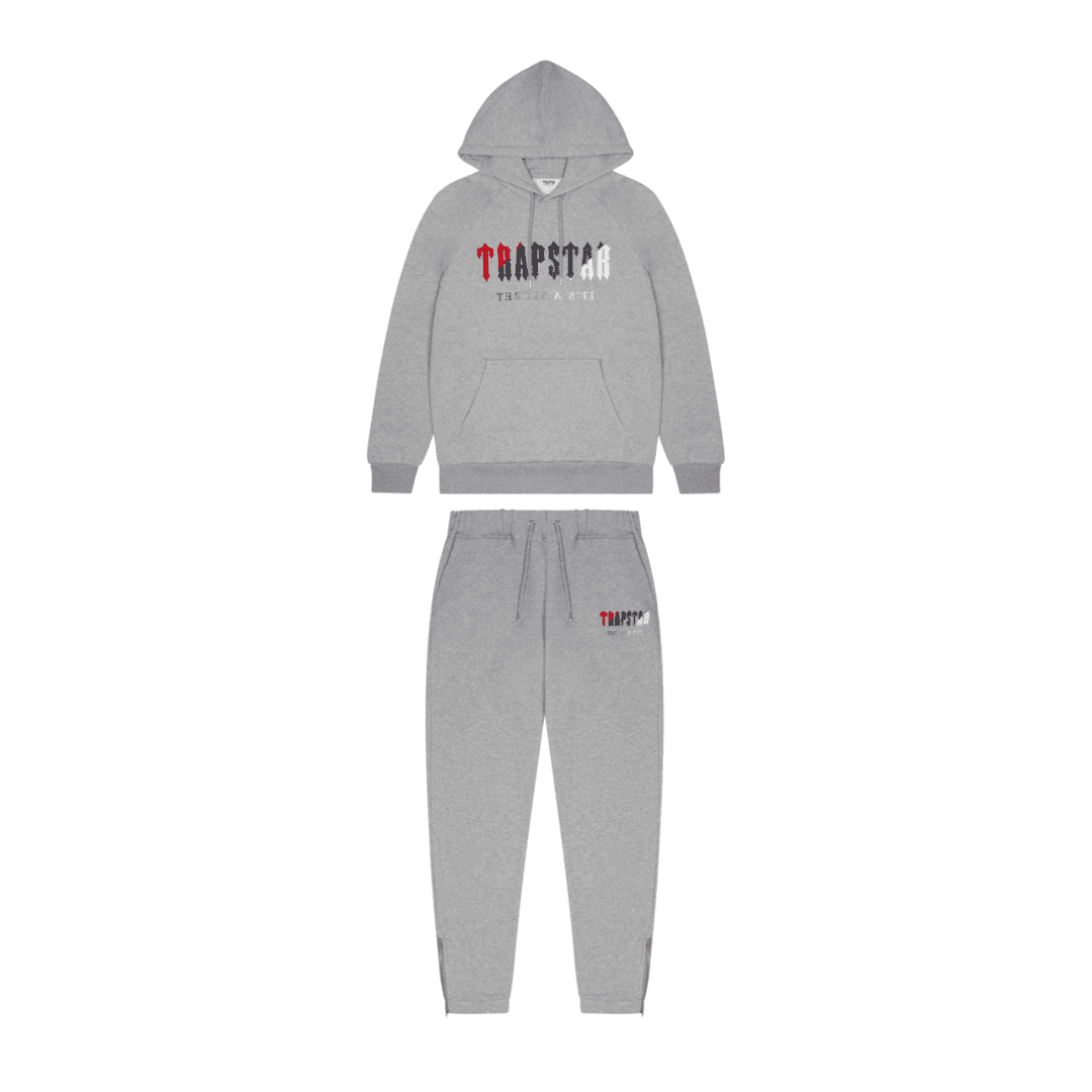 TRAPSTAR CHENILLE DECODED HOODED TRACKSUIT - GREY/RED | Plugstationuk