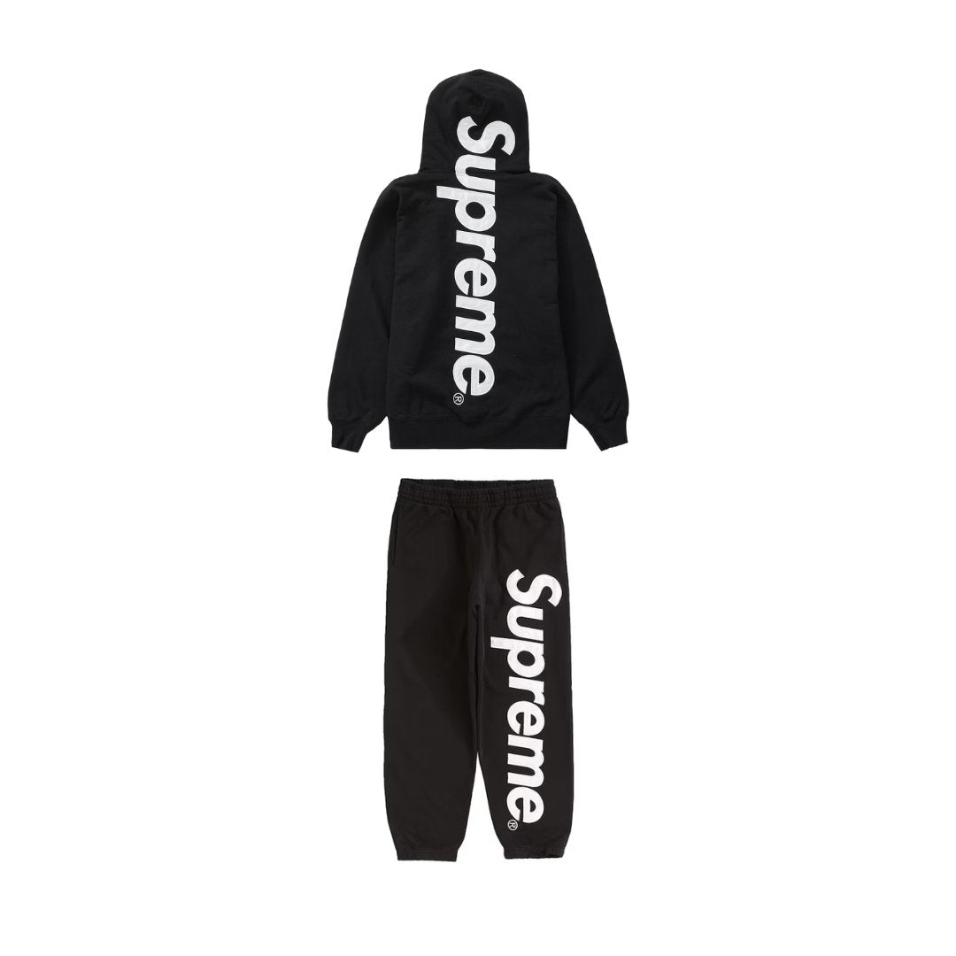 SUPREME SATIN APPLIQUE HOODED SWEATSHIRT & SWEATPANT SET BLACK plugstationuk-limited