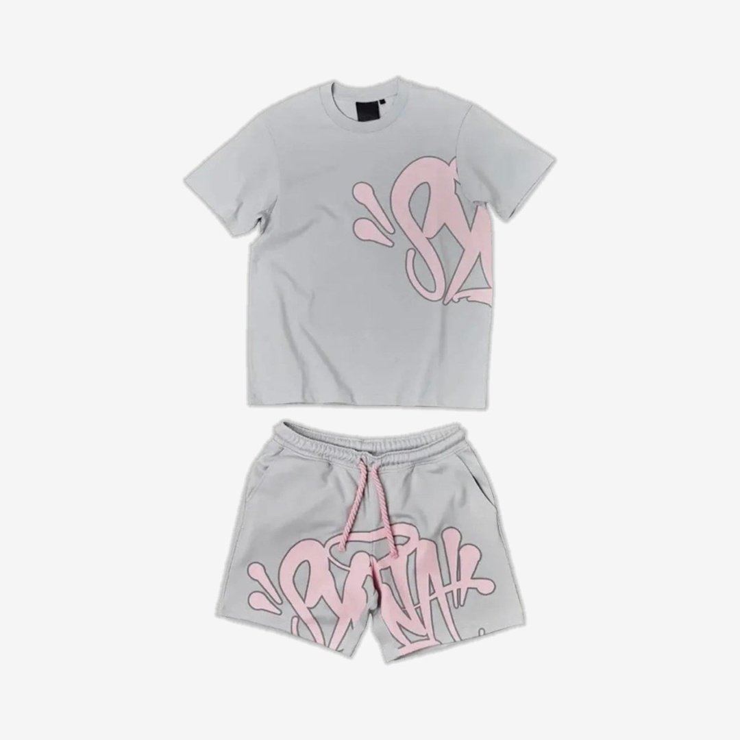 SYNA WORLD LOGO T SHIRT + SHORT SET - GREY / PINK | Plugstationuk