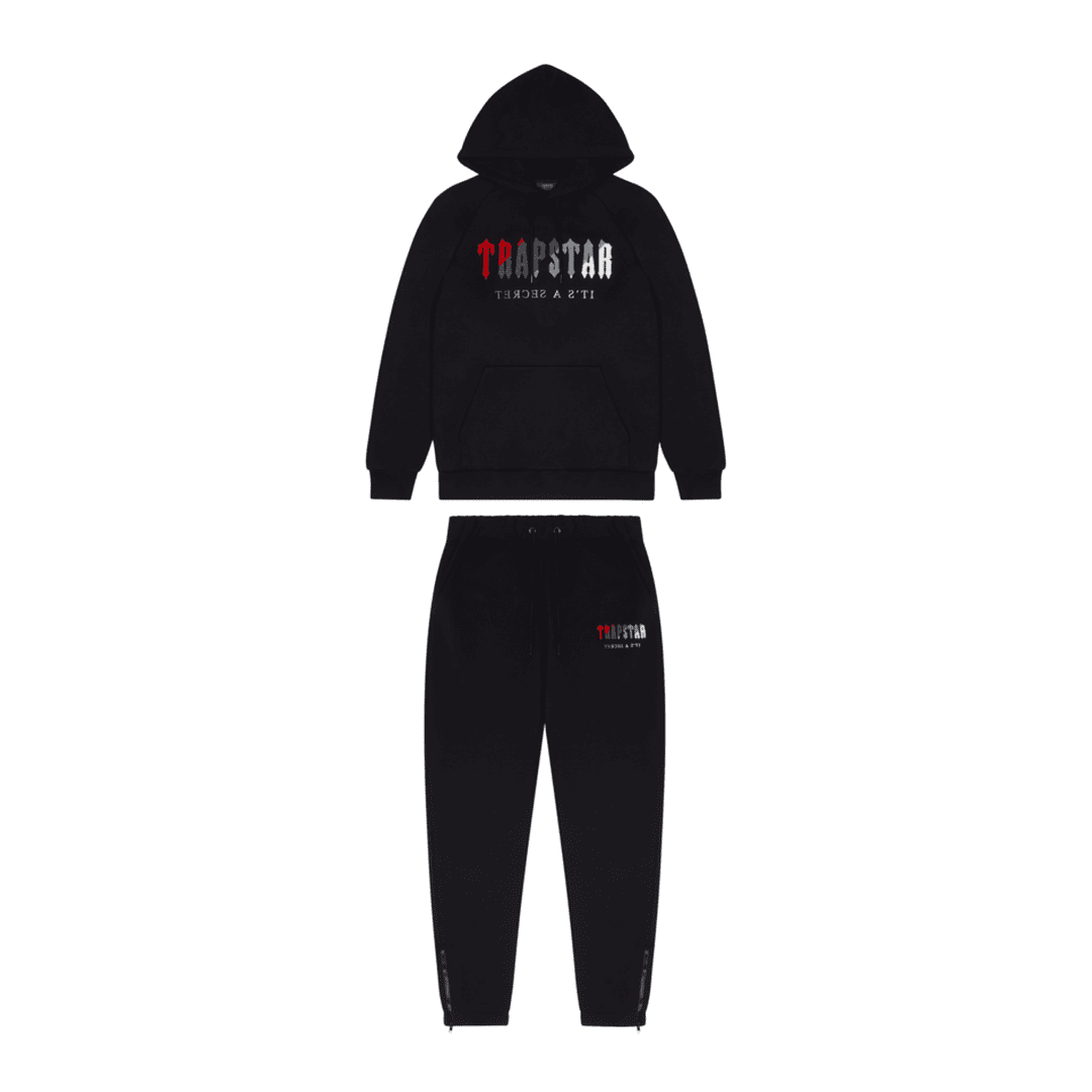 TRAPSTAR CHENILLE DECODED HOODED TRACKSUIT - BLACK/RED | Plugstationuk