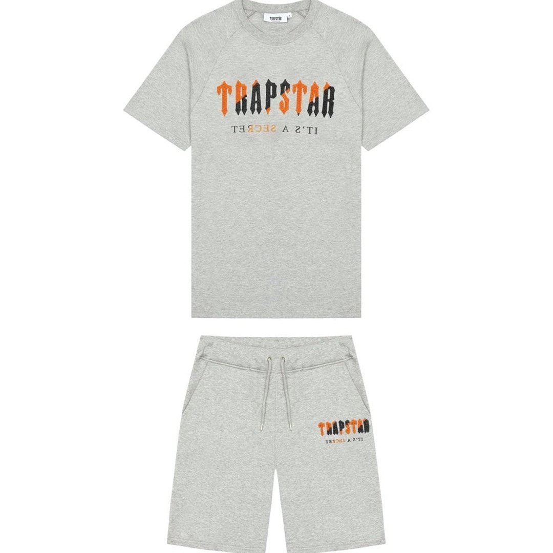 Trapstar Chenille Decoded Short Set - Grey/Orange Revolution Edition | Plugstationuk