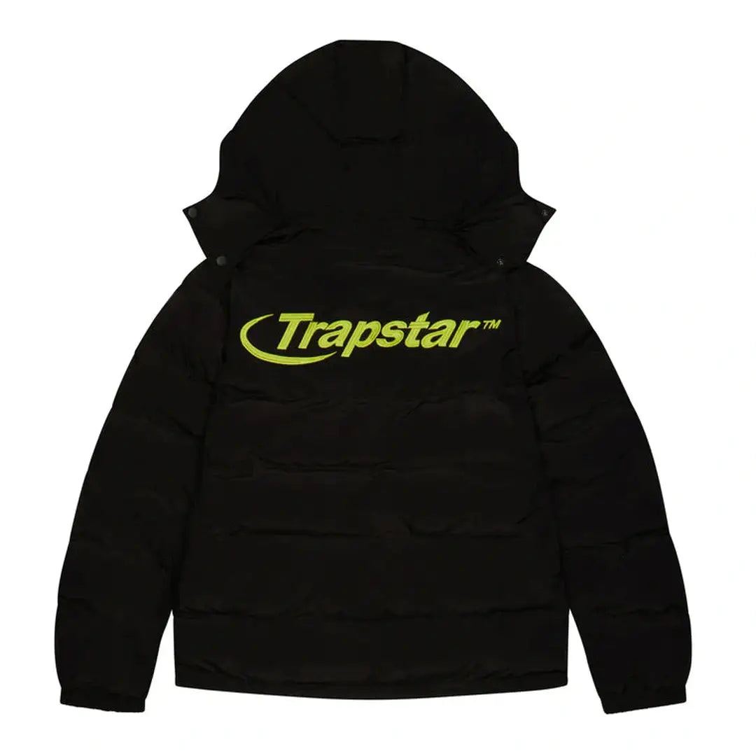 Trapstar Hyperdrive Detachable Hooded Puffer Jacket - Black/Lime | Plugstationuk